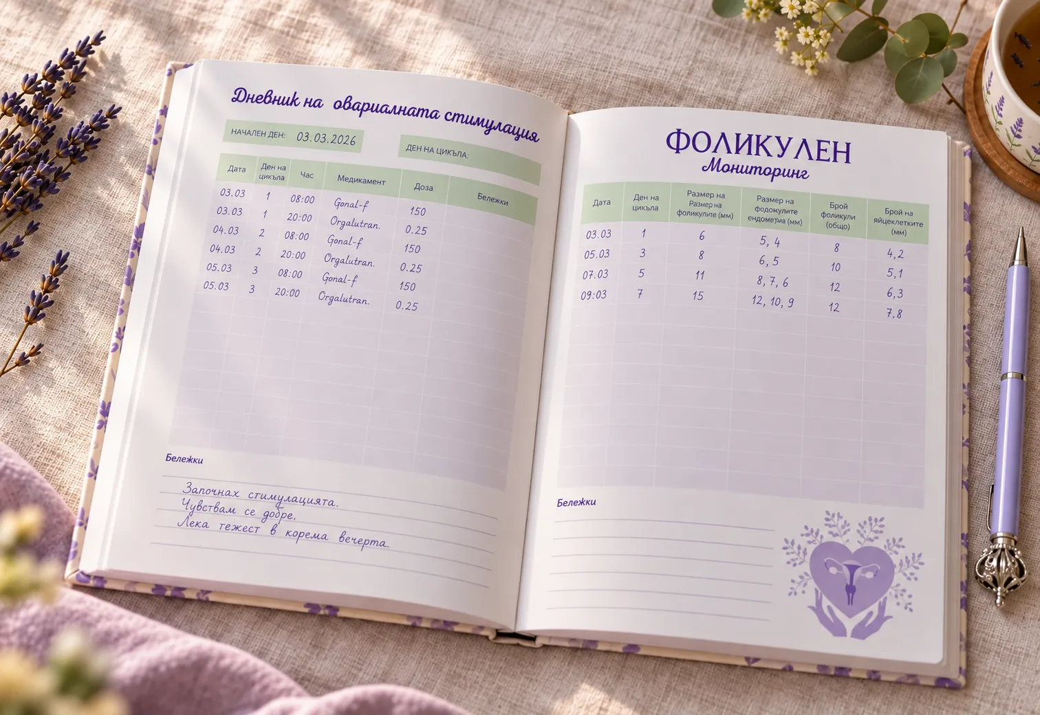 Попълнен дневник Sevdara, отворен на страниците за овариалната стимулация и фоликулния мониторинг